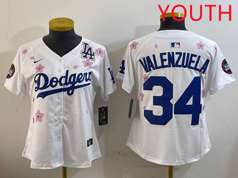 Youth Los Angeles Dodgers #34 Valenzuela White Sakura Edition 2025 Nike MLB Jersey style 4->youth mlb jersey->Youth Jersey
